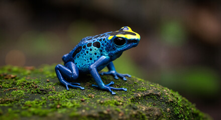 Obraz premium Blue poison dart frog sitting on a mossy rock in the forest 