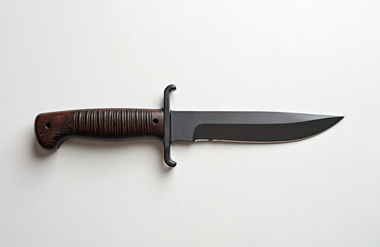 Sharp knife with wooden handle. Black blade, steel edge, military tool for survival, combat. Weapon object is isolated on white background. Perfect for hunting, camping, cutting.