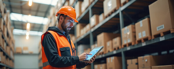 Warehouse worker manages smart logistics, using tablet for order, shipment tracking. Man in orange helmet vest works with digital interface, modern tech, automation in delivery. Boxes, pallets, goods