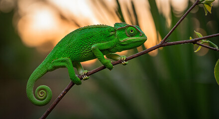 Fototapeta premium Green chameleon climbing on a branch against blurred background 