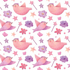 Watercolor hand painted cute birds pattern. Nursery, love, flowers, stars. White background. Use it for postcards, invitations, and scrapbooking.