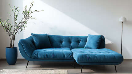 Cute blue loveseat sofa or snuggle chair and pot with branch, interior design of modern living room with white wall with copy space