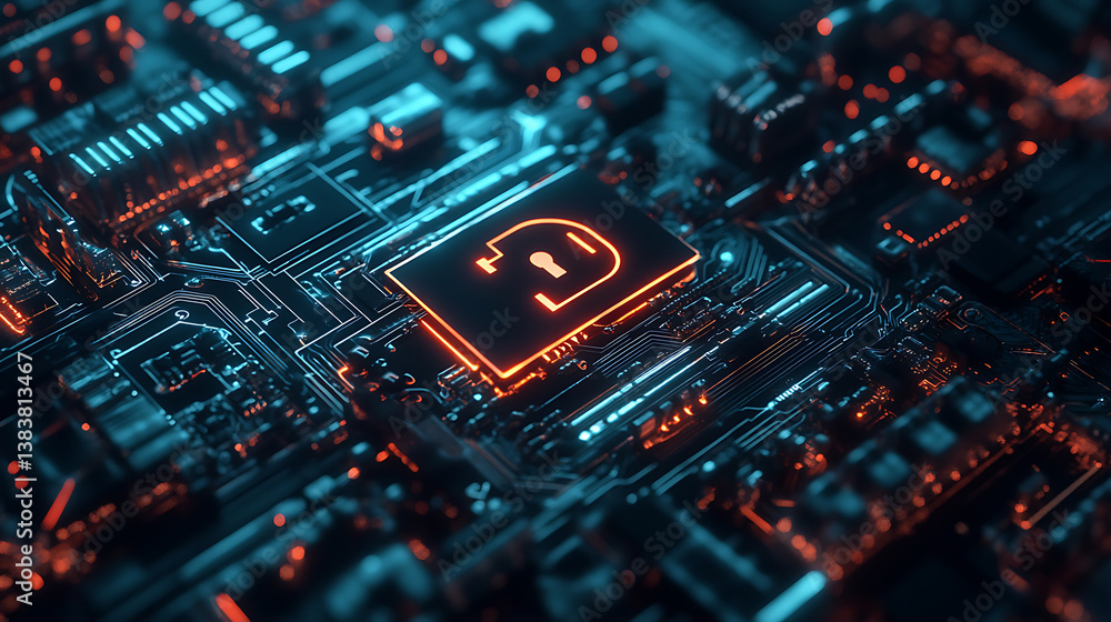 Aufkleber cyber security concept, lock icon on circuit board background
