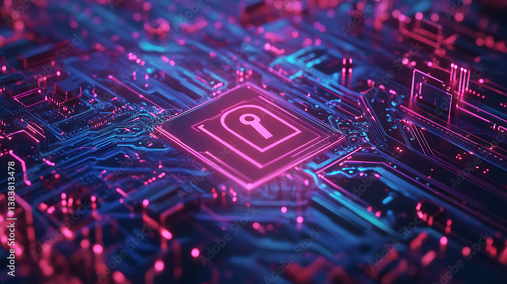 Poster Cyber security concept, lock icon on circuit board background