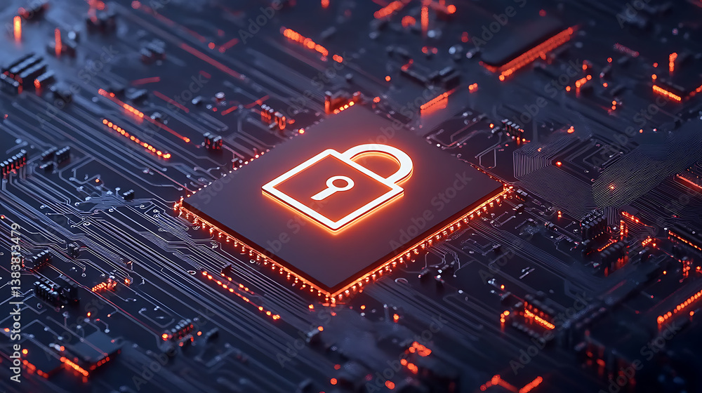 Poster cyber security concept, lock icon on circuit board background