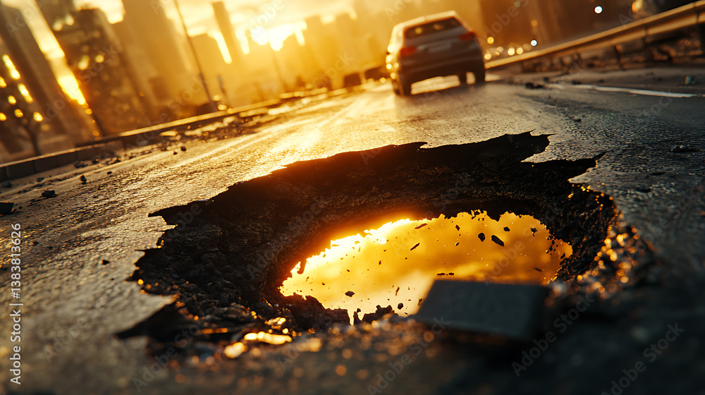 Aufkleber damage in the form of a hole on the road or highway