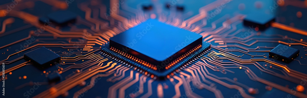 Poster Computer chip with AI inscription. Circuit board with ai label. Artificial intelligence, tech innovation, digital transformation, future tech. Computing, data processing, information technology.