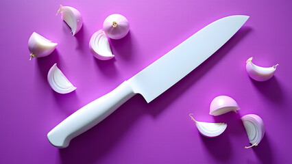 White chef's knife commands attention on purple board with culinary details enhancing contrast.