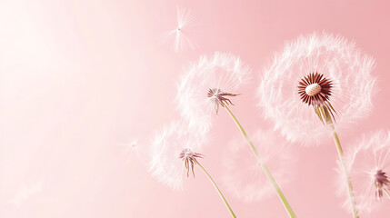 Dandelion fluff background for aesthetic minimalism style background, blush pink color wallpaper with elegant and light flying fluffs on empty wall, fragile, lightweight and beautiful nature backdrop