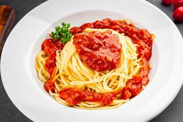 Spaghetti bolognese pasta tomato sauce tasty fresh delicious gourmet food background table rustic food top view copy space