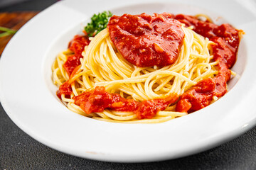 Spaghetti bolognese pasta tomato sauce tasty fresh delicious gourmet food background table rustic food top view copy space