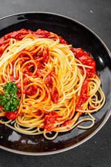 Spaghetti bolognese pasta tomato sauce tasty fresh delicious gourmet food background table rustic food top view copy space