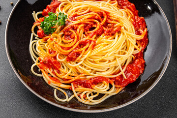 Spaghetti bolognese pasta tomato sauce tasty fresh delicious gourmet food background table rustic food top view copy space