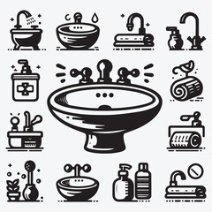 Bathroom sink icon set in black and white stock illustration