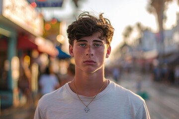Fototapeta premium Portrait of a young Caucasian man on the boardwalk in Los Angeles