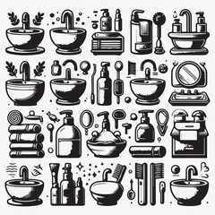 Bathroom sink icon set in black and white stock illustration