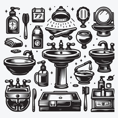 Bathroom sink icon set in black and white stock illustration