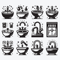 Bathroom sink icon set in black and white stock illustration