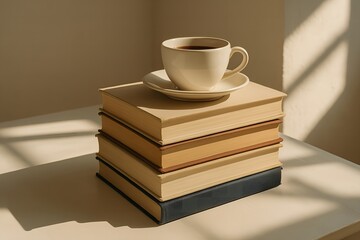 Fototapeta premium Bookish Brew: A coffee cup rests atop a stack of books, casting shadows, creating a cozy atmosphere
