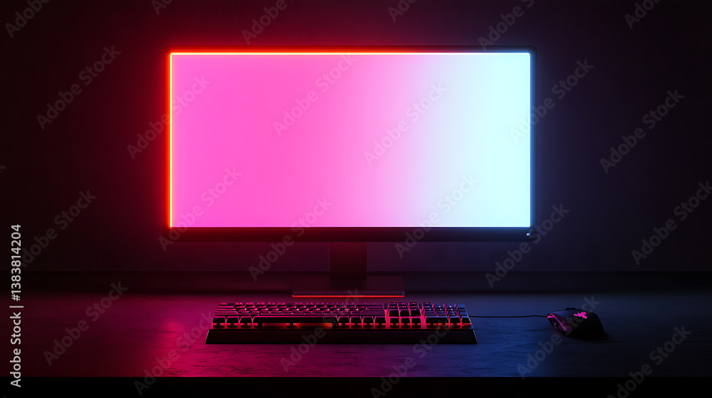 Poster dark luminous case of gaming pc with empty monitor, keyboard on the desk, neon light of gaming pc, d