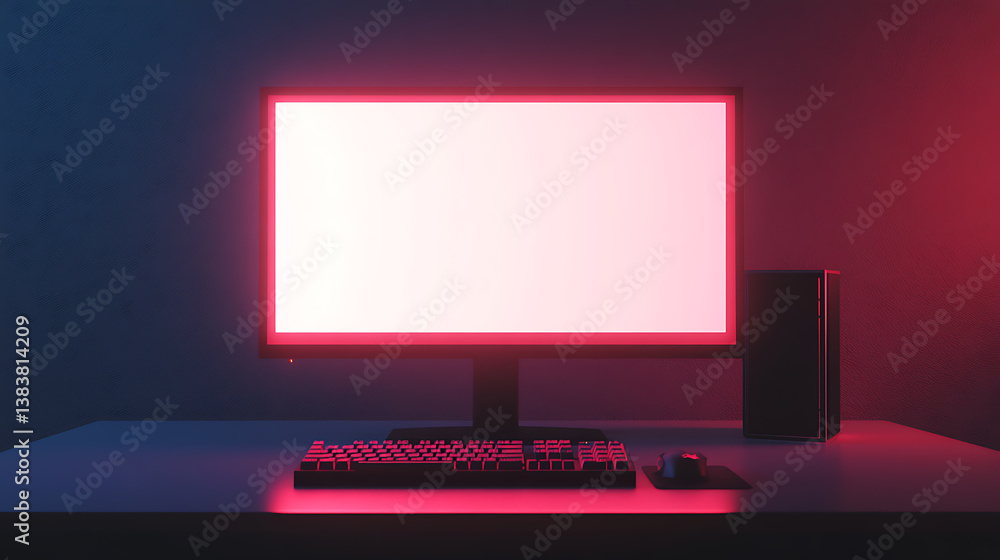 Poster dark luminous case of gaming pc with empty monitor, keyboard on the desk, neon light of gaming pc, d