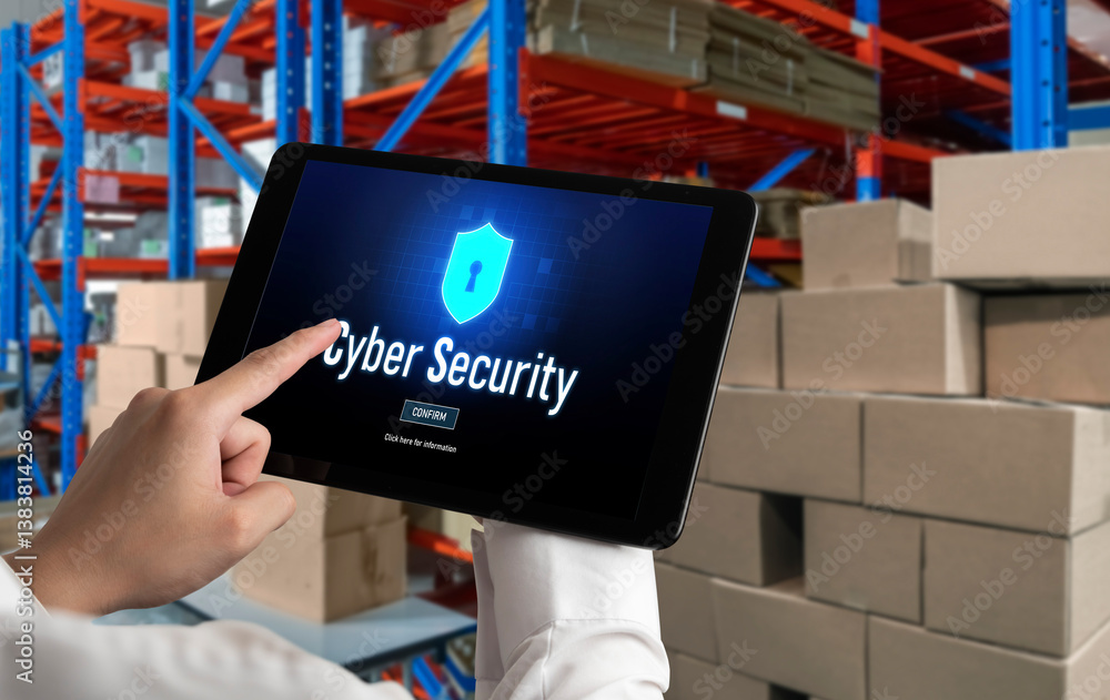Poster cyber security system on computer screen protect private information snugly from hacker and cyber at