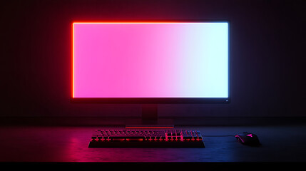 Dark luminous case of gaming pc with empty monitor, keyboard on the desk, neon light of gaming pc, desktop computer with blank screen, rgb lighting gaming rig