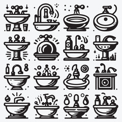 Bathroom sink icon set in black and white stock illustration