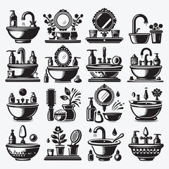 Bathroom sink icon set in black and white stock illustration
