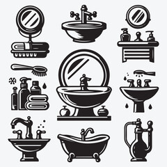 Bathroom sink icon set in black and white stock illustration