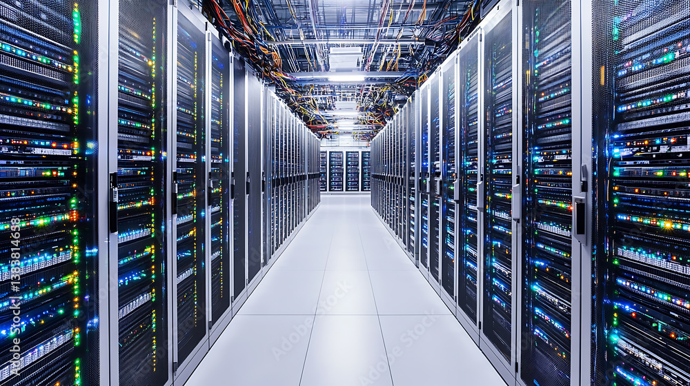 Poster data center full of rack servers and high tech infrastructure