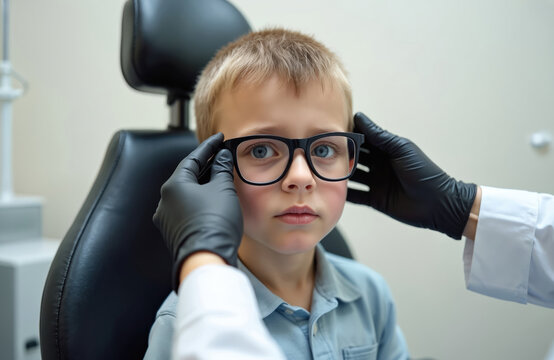 Doctor optometrist fitting glasses on young boy in clinic. Child vision test. Medical pro ophthalmologist checks patient eyesight. Eye care, health, myopia correction.