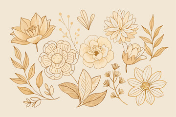 Set of boho simple geometric branch and flowers. Botanic design elements in wavy and vintage style. Leaves and branches print for logo, social media or packaging and greeting card. Vector illustration