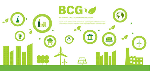 Fototapeta premium ecology BCG concept for sustainable economy development. Bio economy, circle economy, green economy with icons, solar energy, recycle, carbon emission, city, green house, net zero
