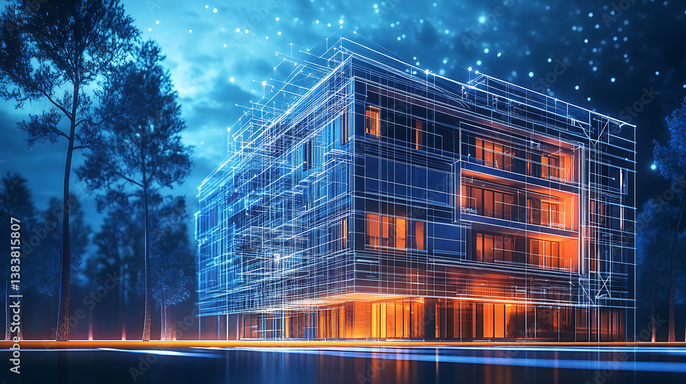 Poster design concept of a smart building, engineering of smart building's autonomous control system, commu