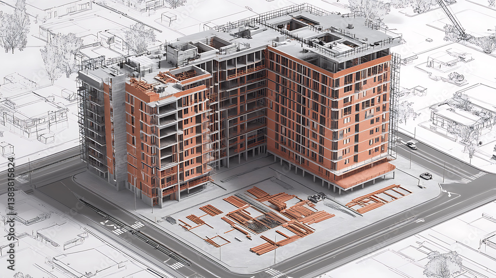Poster Designing the architecture of the construction of the block in the computer scheme, 3d illustration
