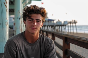 Fototapeta premium Portrait of a young Caucasian man on the boardwalk in Los Angeles