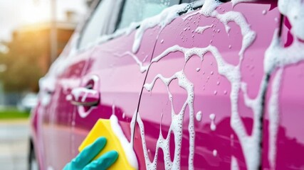 Close up of gloved hand washing pink car with yellow sponge and soap foam, vehicle maintenance, auto detailing, cleaning service, car wash tutorial, advertisement, blog post