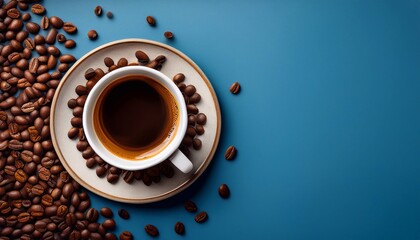 cup of coffee with foam and scattered coffee beans on bright background top view with space for text