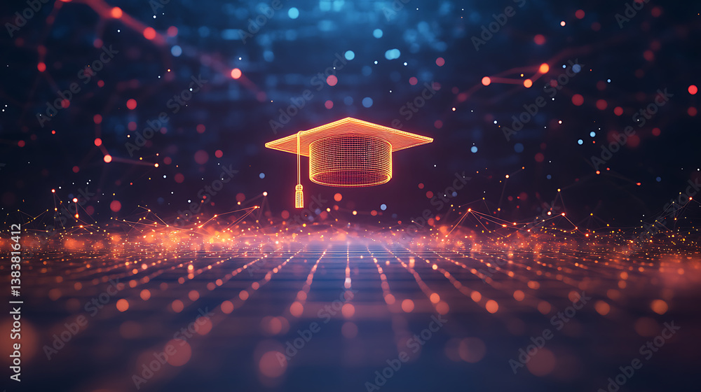 Leinwandbilder digital banner of an illuminated graduation cap floating above a network grid, symbolizing the entra