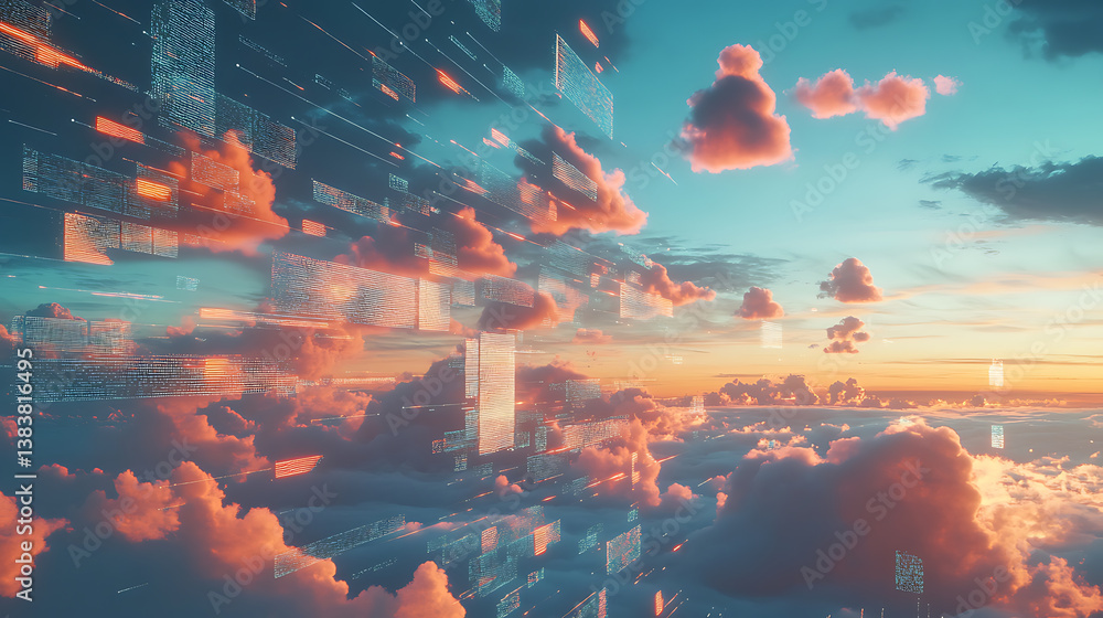 Fototapete digital cloud and data overlays on a sky background, symbolizing ai-powered weather prediction and c