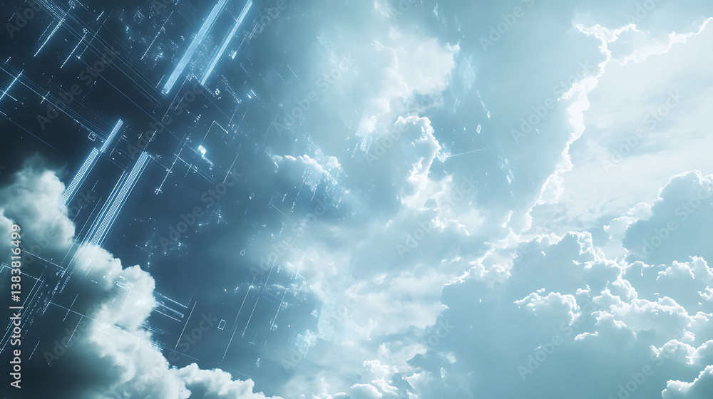 Poster digital cloud and data overlays on a sky background, symbolizing ai-powered weather prediction and c