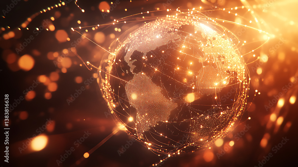 Poster Digital globe with global network connections and images of social media, digital marketing concept background banner a softly blurred background