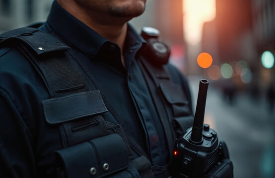 Security guard in uniform holds walkie-talkie. Man with radio, protection, safeguard concept. Safety, defense, service, police, patrol, surveillance in urban outdoor environment.