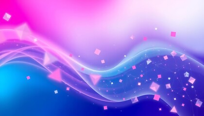 Fototapeta premium The image depicts an abstract composition featuring wave like shapes and geometric elements. The background transitions through a spectrum of colors. Floating in the space are small, geometric shapes