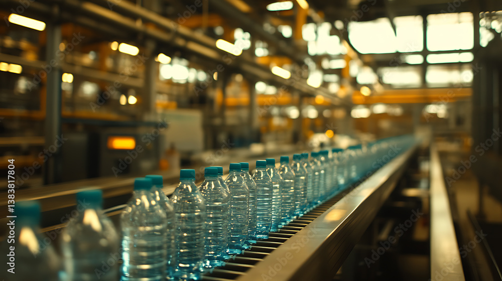 Poster drinking water production plant, bottles on a factory conveyor with an automatic line for packaging 