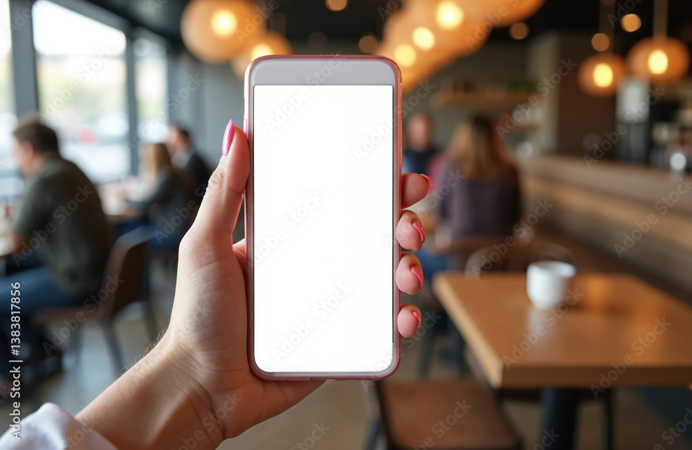 Poster woman hand holding blank smartphone screen in cafe. mobile phone mockup for app presentation. modern