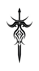 A Celtic cross with a sword and shield, featuring a silhouette of a bull's skull with horns, combined with Viking-inspired symbols and tattoo-style artwork