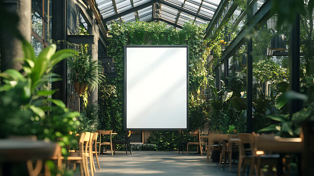 Eco-friendly digital blank signboard in greenhouse cafe setting, sustainable technology and nature concept