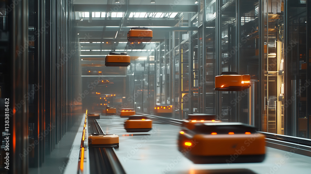 Poster Efficient and dynamic automated warehouse robotic systems, conveyor belts, and autonomous vehicles in action